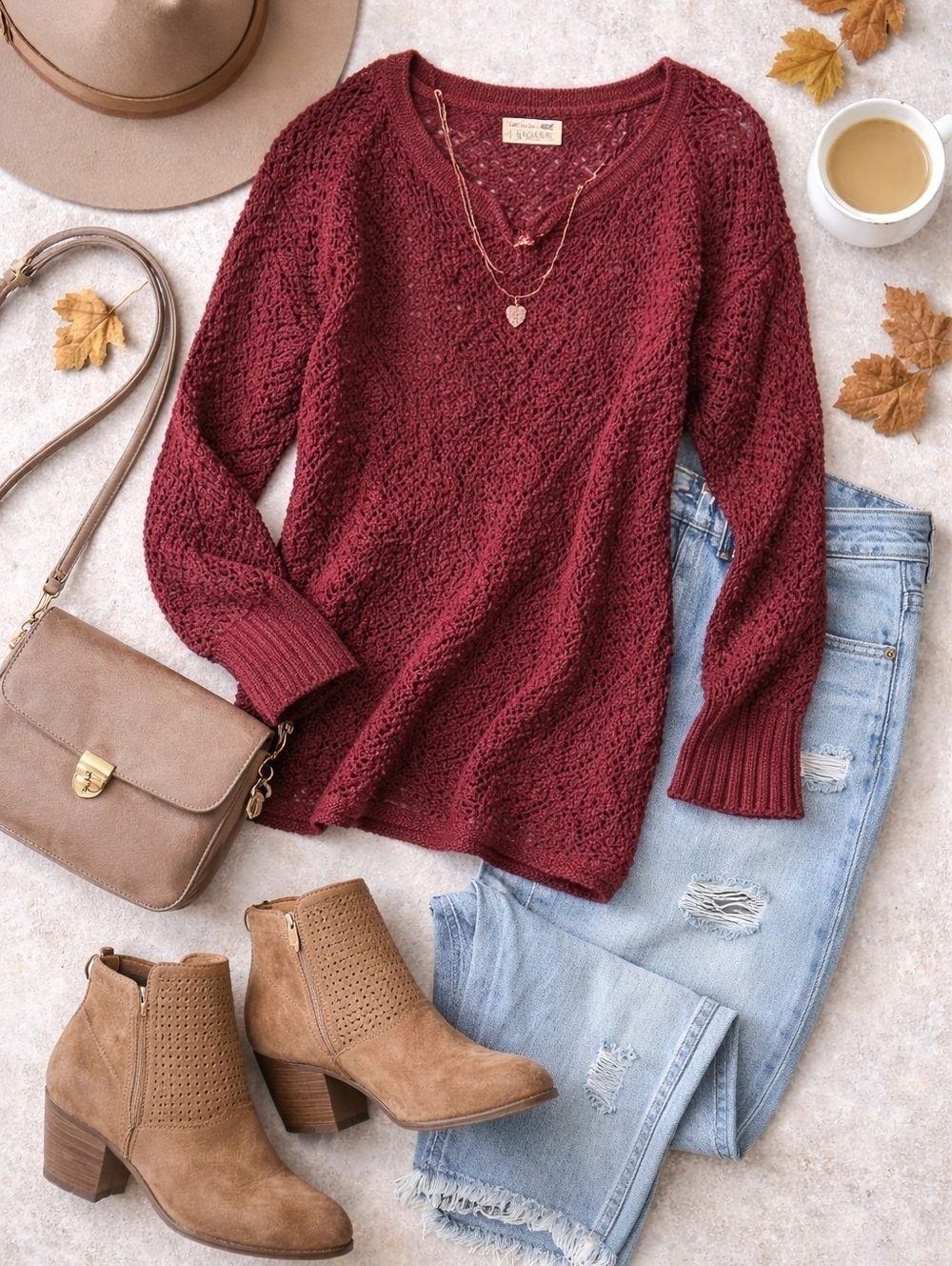 LA Hearts Burgundy Open-Knit Boho Sweater M/L